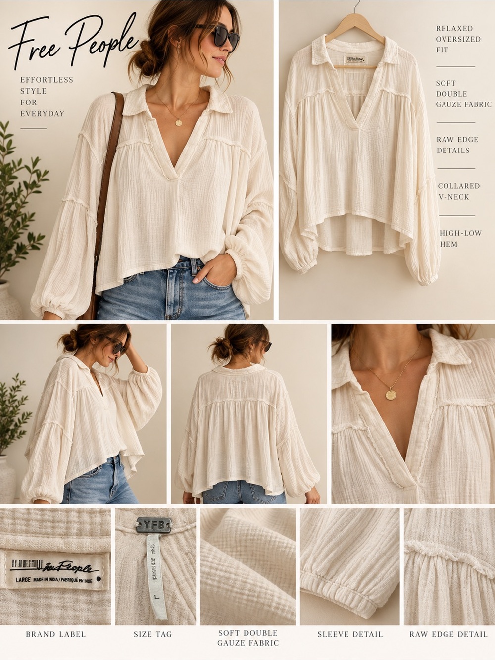 Free People Ivory Double Gauze Oversized Blouse Top L